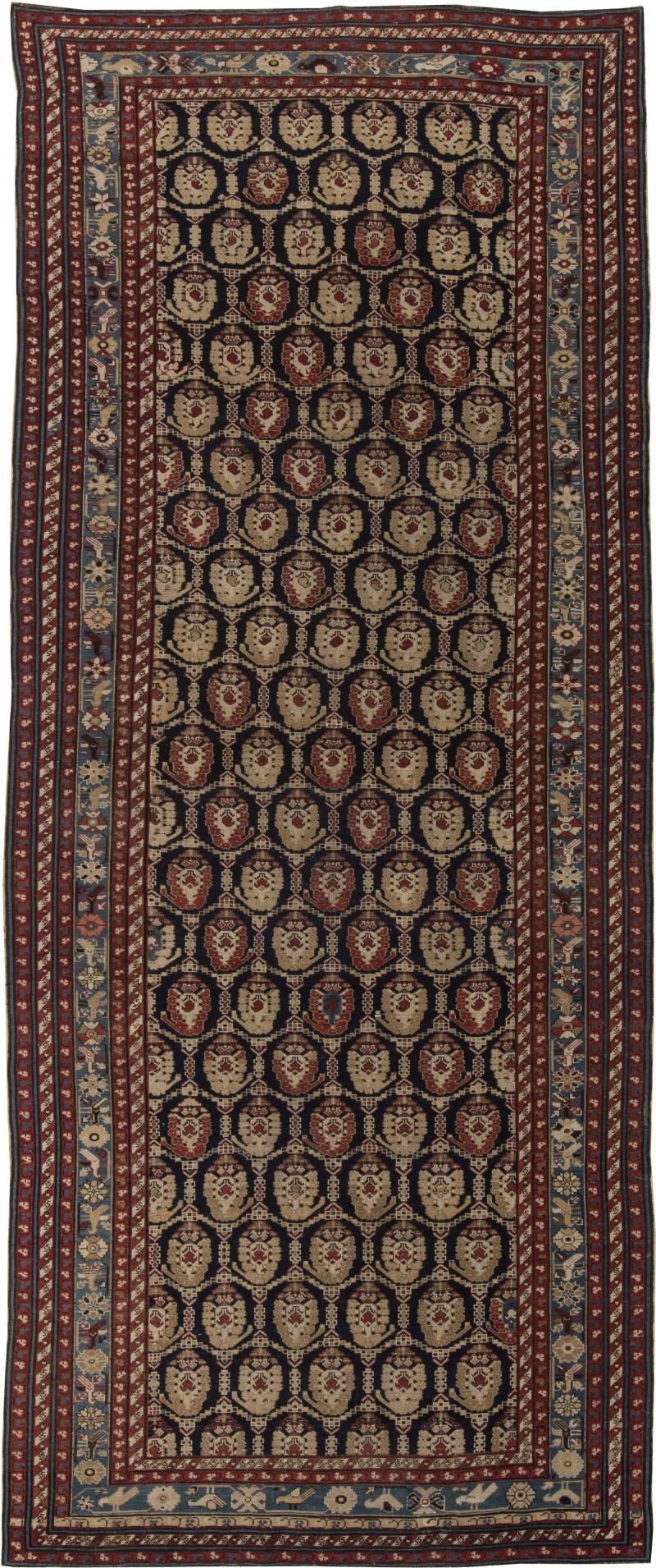 19th Century Caucasian Red Brown Black Authentic Blue Handwoven Wool Rug