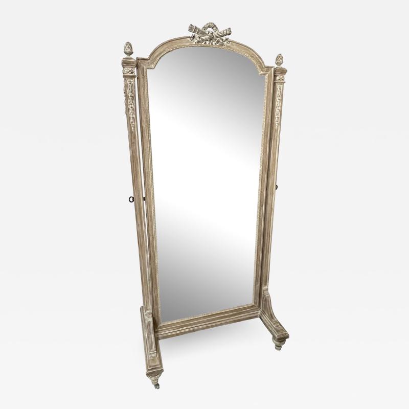19th Century Cheval Floor Mirror Louis XVI Whitewashed Standing Mirror