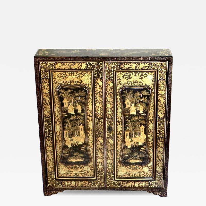 19th Century Chinese Export Table Top Black Lacquer Jewelry Valuables Cabinet