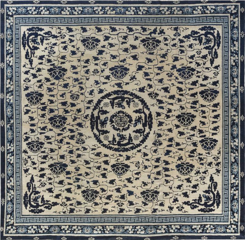 19th Century Chinese Indigo Blue and White Handmade Wool Rug