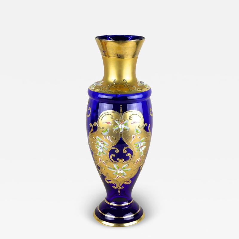 19th Century Cobalt Blue Gilt Glass Vase With Enamel Paintings CZ ca 1890