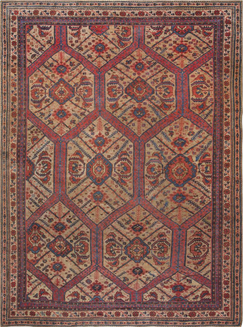 19th Century Crab Design Red Orange Beige and Blue Handwoven Wool Carpet