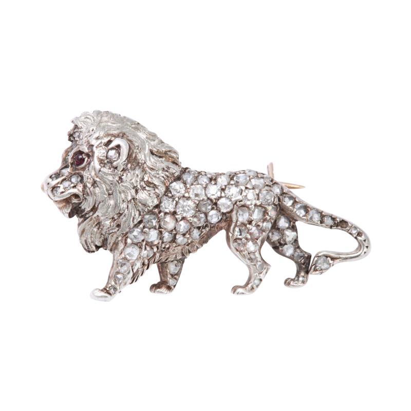 19th Century Diamond Lion Brooch in Platinum