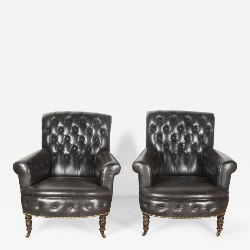 19th Century English Black Leather Armchairs