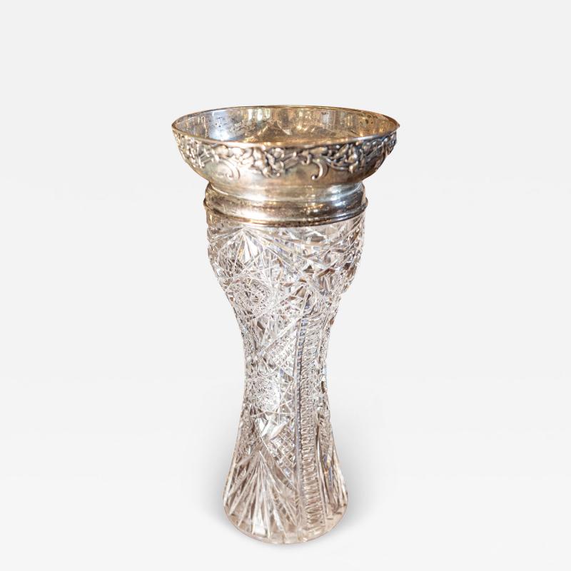 19th Century English Cut Crystal Vase with Sterling Silver Rim