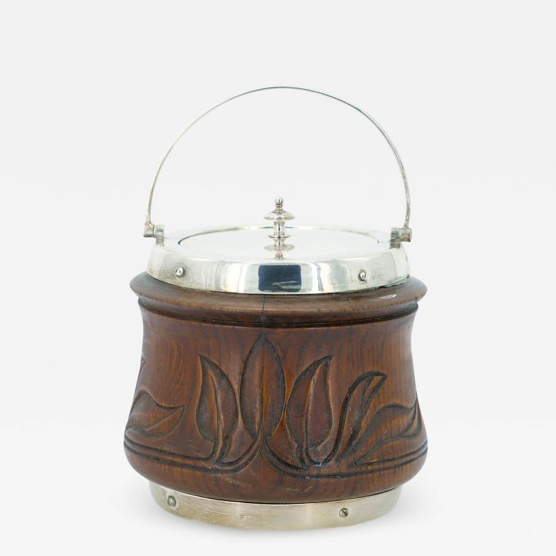 19th Century English Ice Bucket in Silver Plate and Hand Carved Oak