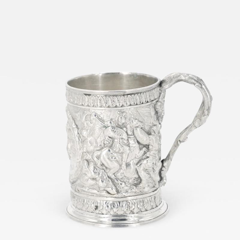 19th Century English Silverplate Barware Mug Depicting Knights in Battle