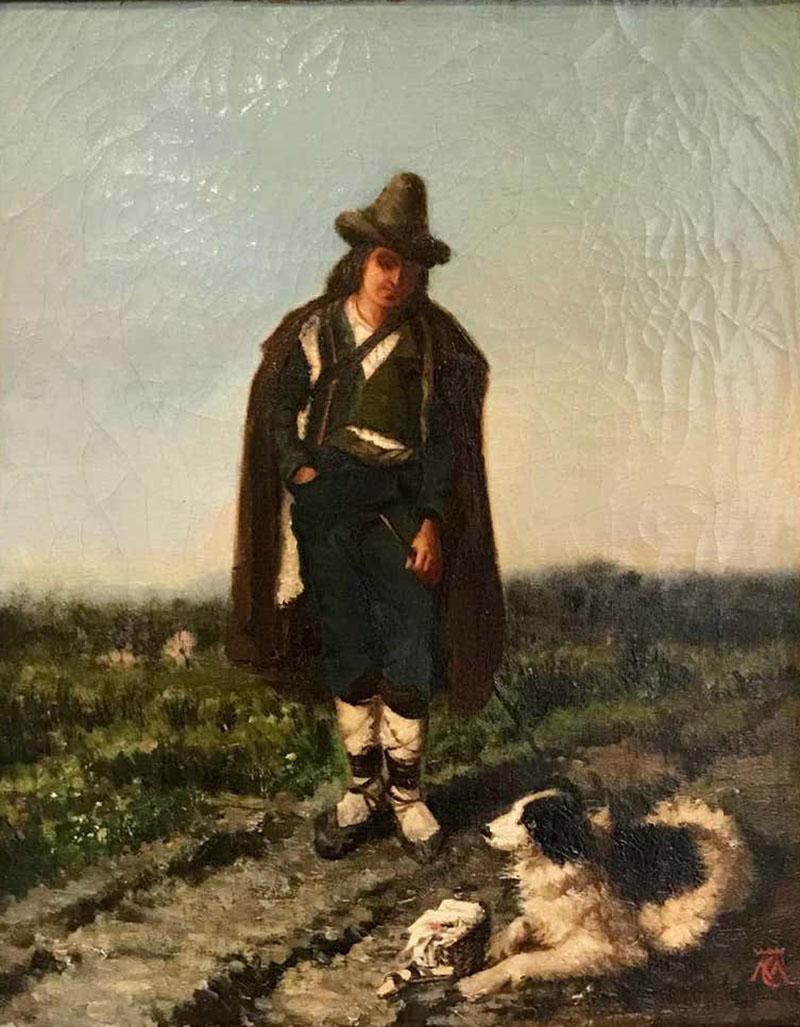 19th Century European Oil Painting of an Old Man and His Dog