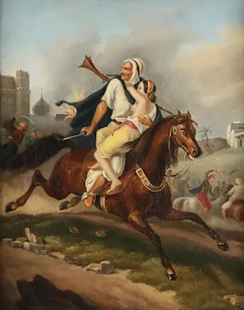 19th Century European Orientalist Painting of Arab on Horse Rescuing a Princess