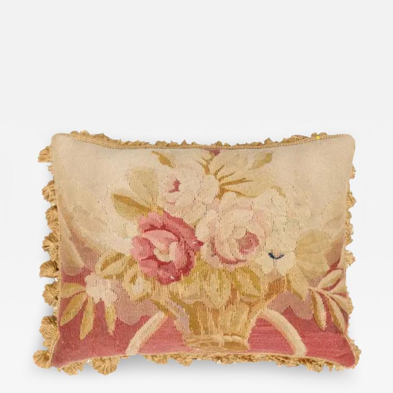 19th Century French Aubusson Tapestry Pillow with Floral Basket and Tassels