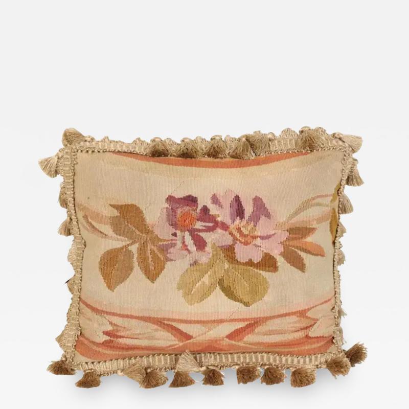 19th Century French Aubusson Tapestry Pillow with Purple Flowers and Tassels