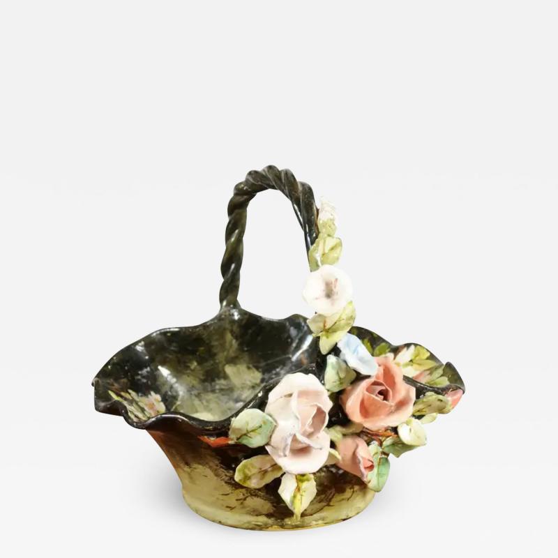 19th Century French Barbotine Jardini re Basket with High Relief Pastel Flowers