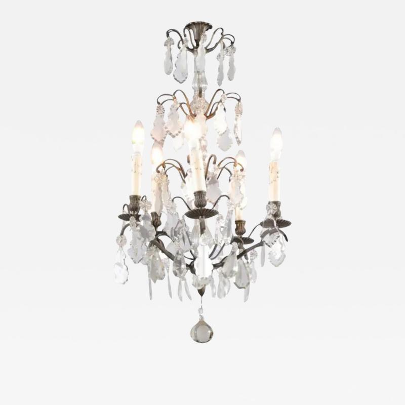 19th Century French Five Light Iron and Crystal Chandelier with Pendeloques