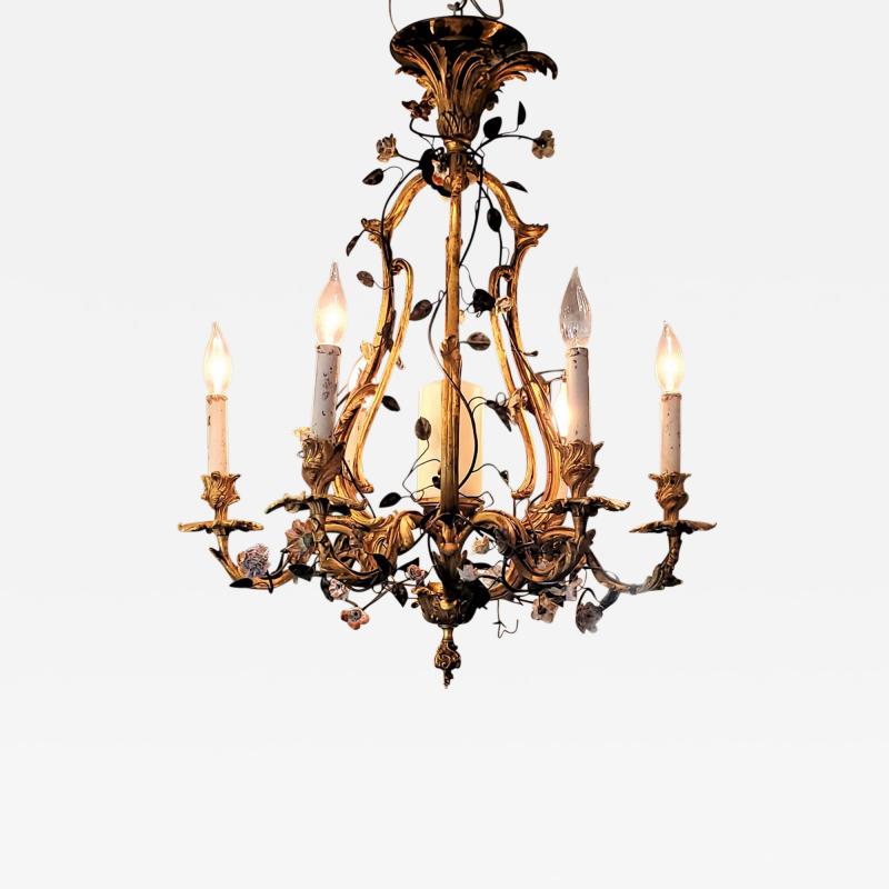 19th Century French Gilt Bronze Chandelier with Porcelain Flowers