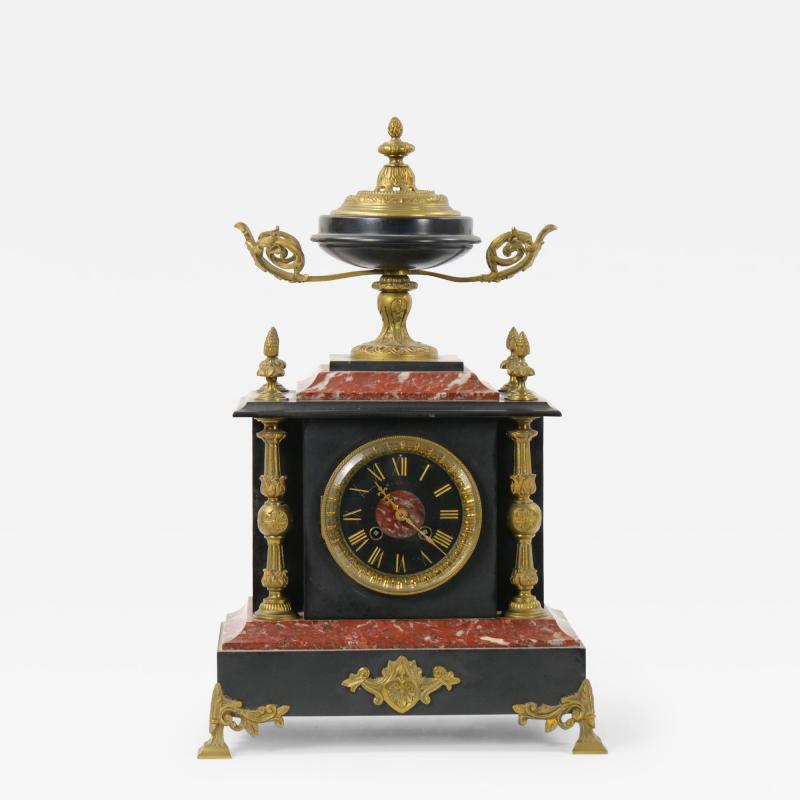 19th Century French Gilt Bronze Mounted Slate Rouge Marble Mantel Clock