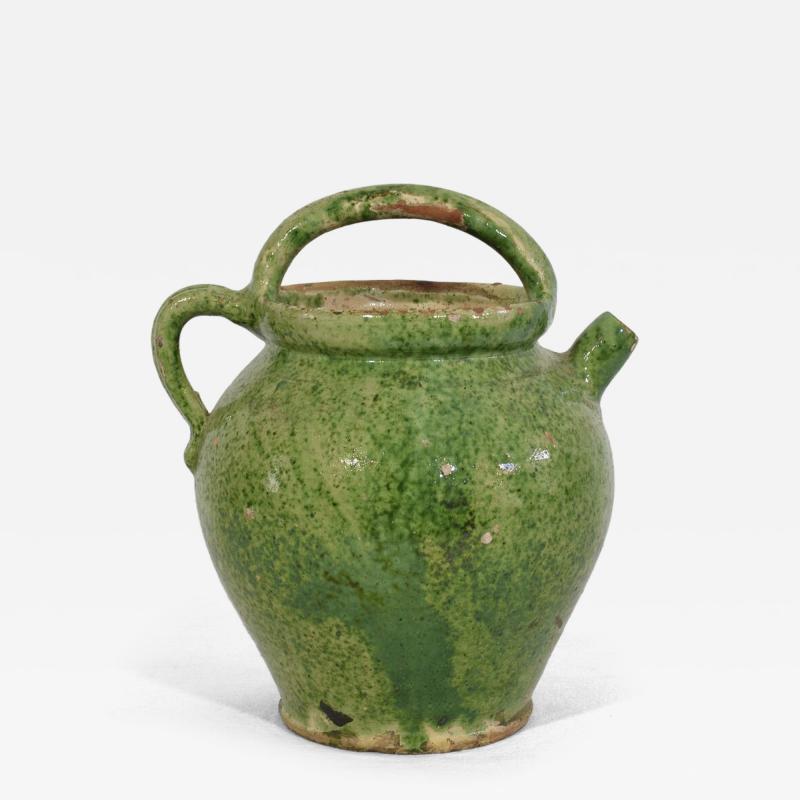 19th Century French Green Glazed Earthenware Jug or Water Cruche