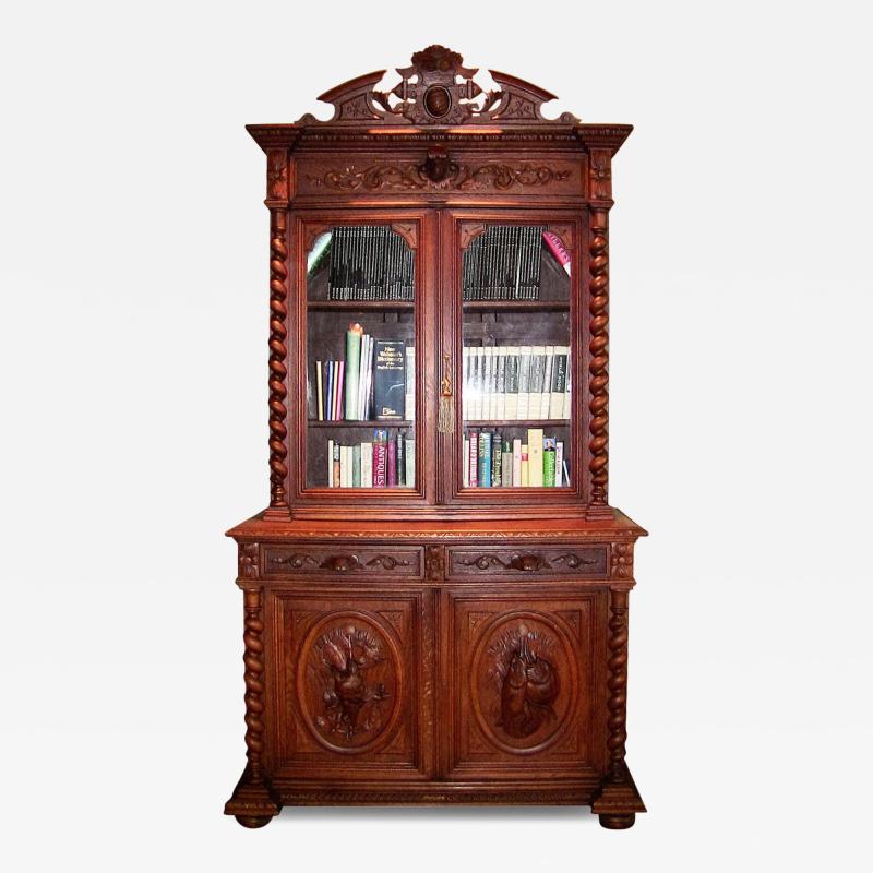 19th Century French Provincial Highly Carved Oak Hunt Bookcase