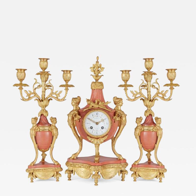 19th Century French pink marble and ormolu clock set