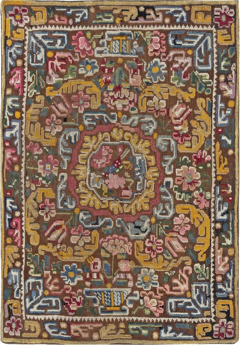 19th Century Geometric Floral Motifs Brown Yellow Needlework Carpet