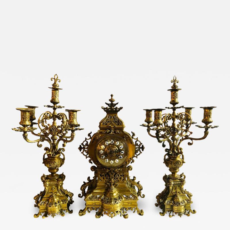 19th Century Gothic Style J E Caldwell Gilt Bronze Clock Garniture Set