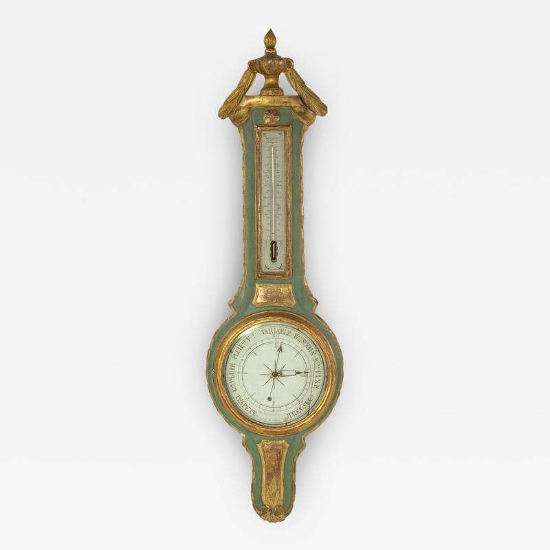 19th Century Green Gilt Carved Thermometer Over Barometer Circa 1850