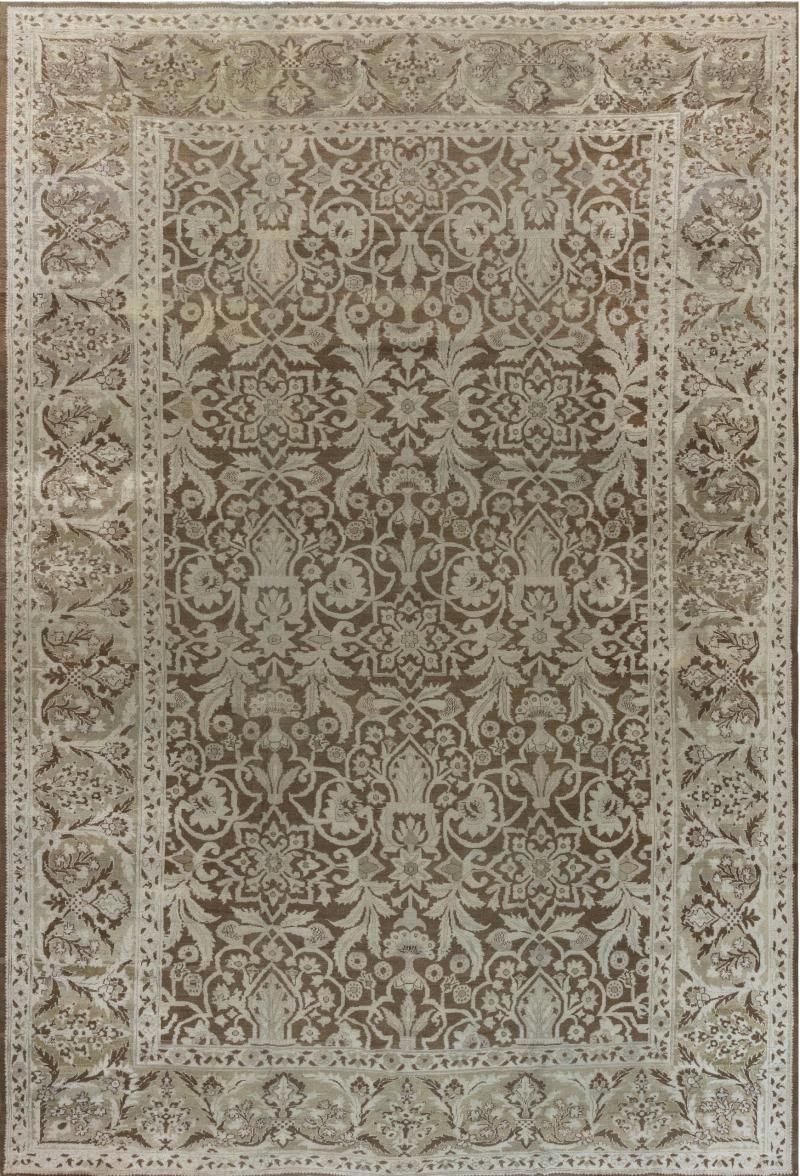 19th Century Indian Amritsar Botanic Brown Handwoven Wool Rug