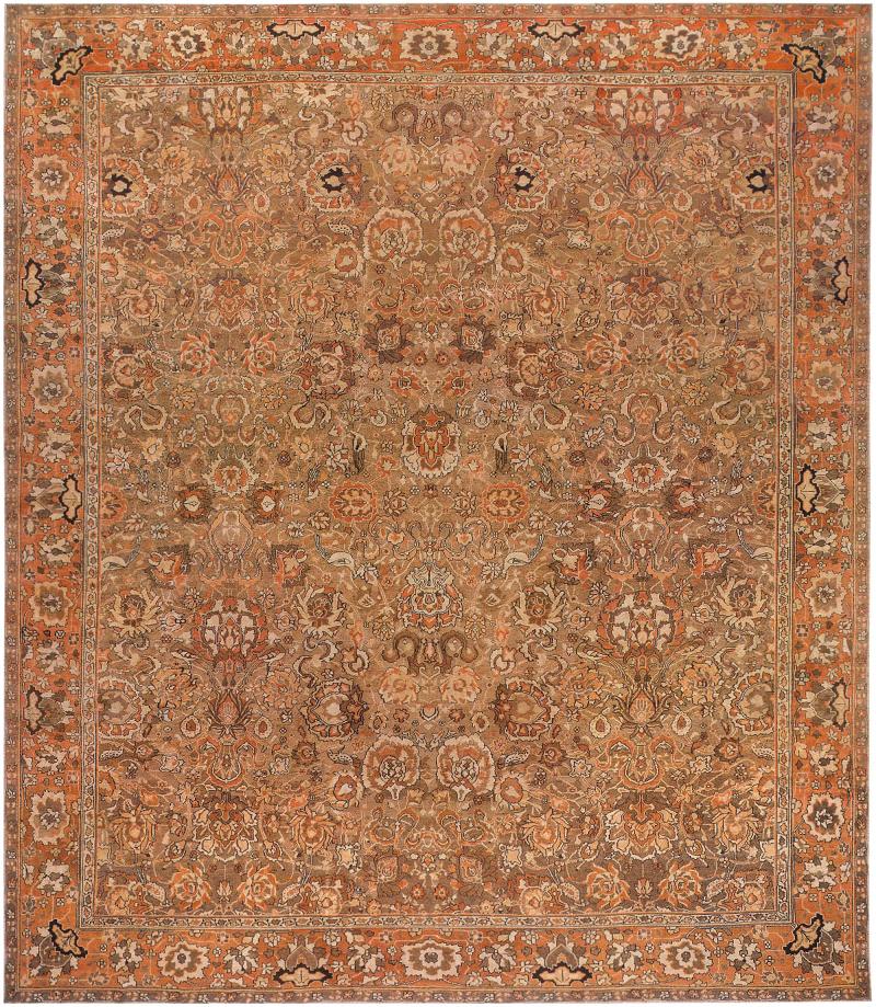 19th Century Indian Amritsar Brown Beige and Salmon Wool Rug
