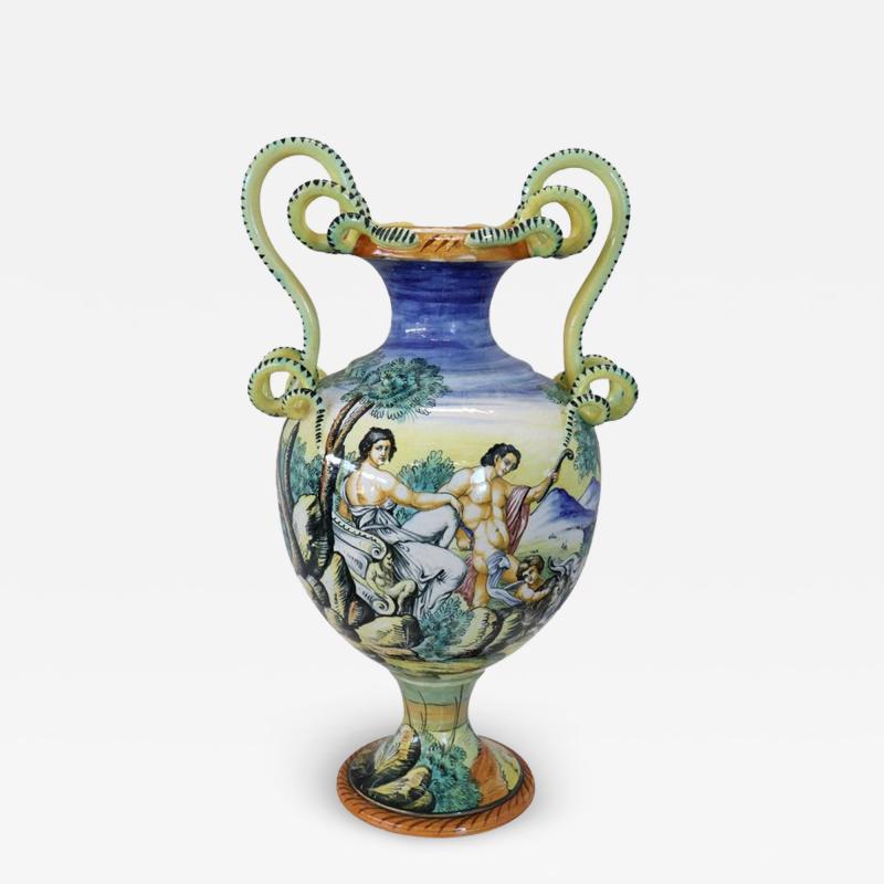 19th Century Italian Antique Majolica Large Hand Painted Antique Vase Signed