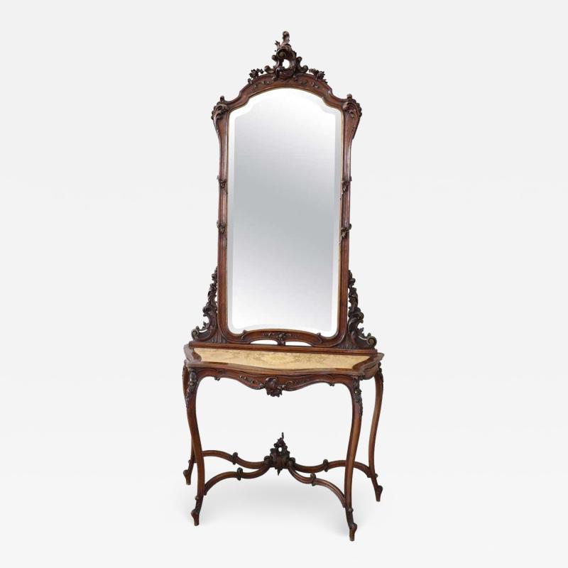 19th Century Italian Carved Walnut Antique Console Table with Mirror