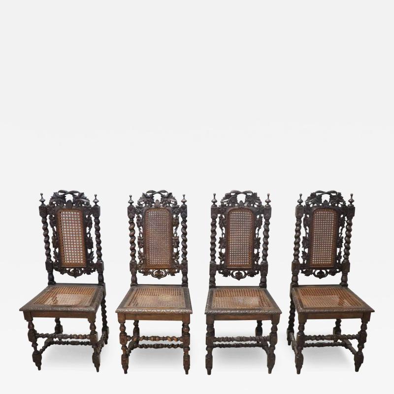 19th Century Italian Carved Walnut Dining Chairs with Vienna Straw Set of 4