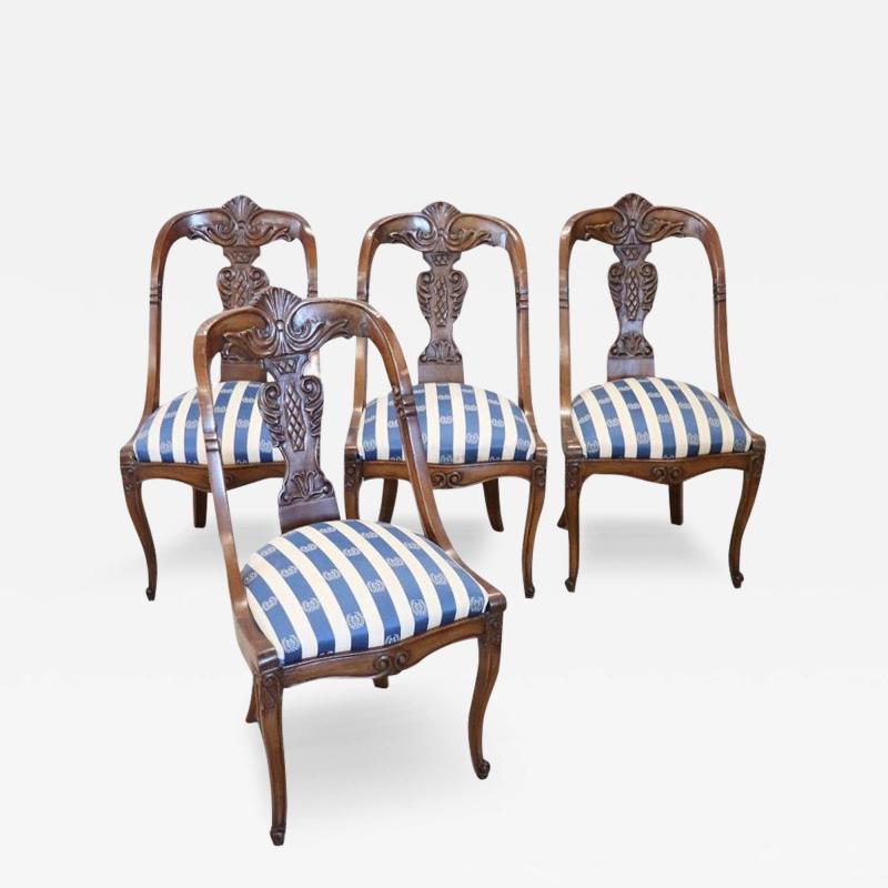 19th Century Italian Charles X Carved Walnut Set of Four Antique Chairs