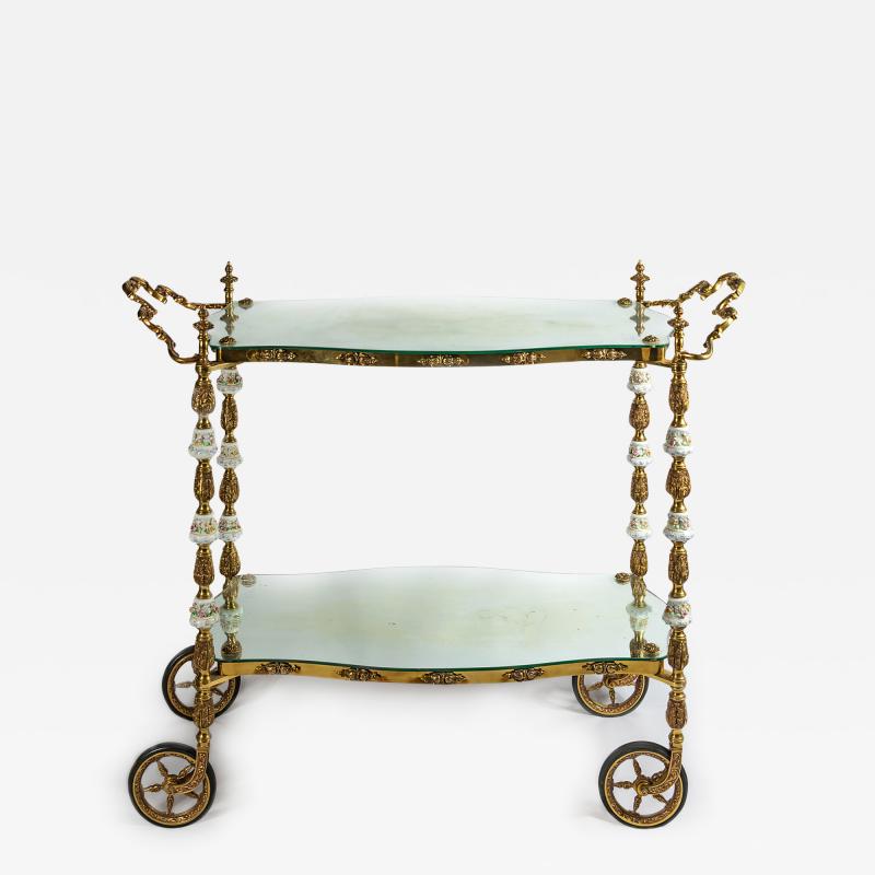 19th Century Italian Handmade Bronze Serving Table Cart with Capodimonte