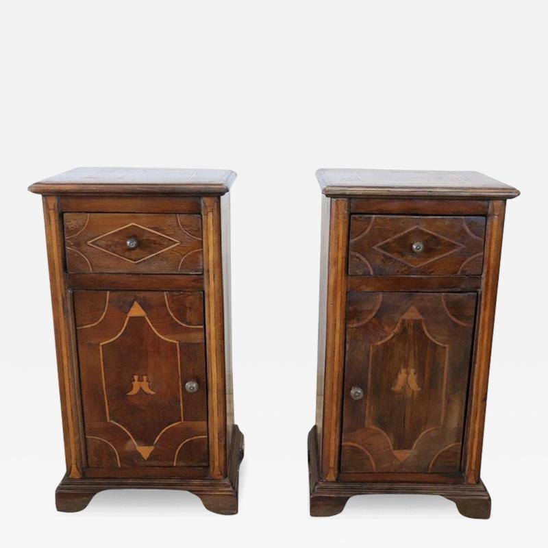 19th Century Italian Inlaid Walnut Pair of Antique Nightstands