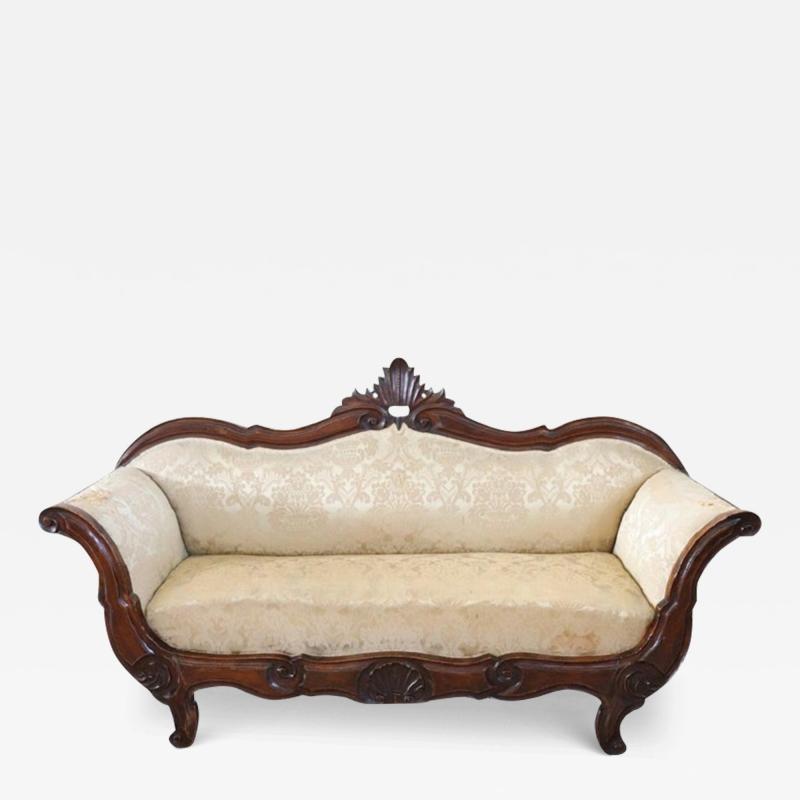 19th Century Italian Louis Philippe Carved Walnut Antique Settee