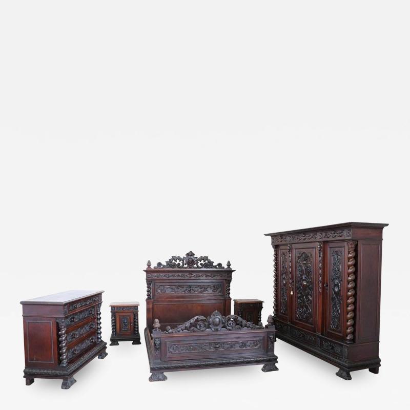 19th Century Italian Renaissance Style Carved Walnut Bedroom Set Five Pieces