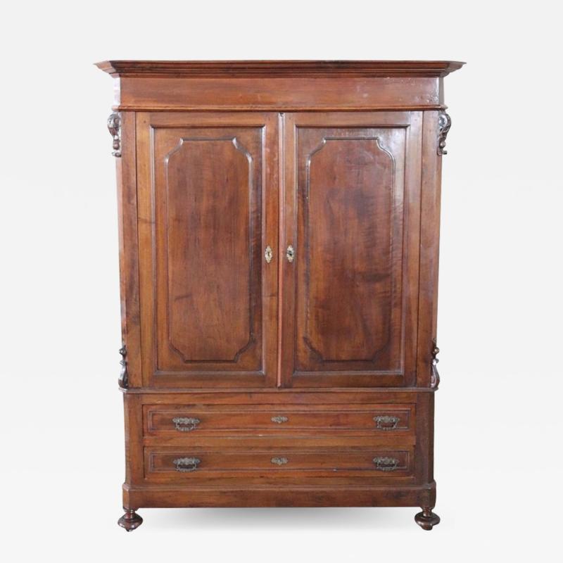 19th Century Italian Solid Walnut Wood Antique Wardrobe or Armoire