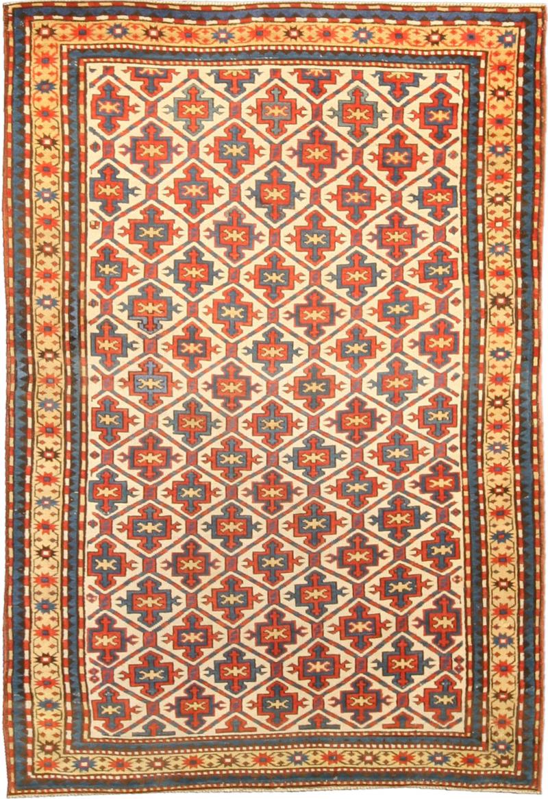 19th Century Kazak Handmade Wool Rug in Red Yellow and Blue