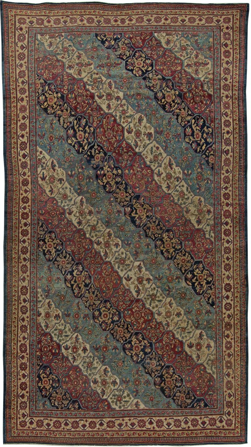 19th Century Kirman Bold Red Dark and Light Blue Handwoven Wool Rug