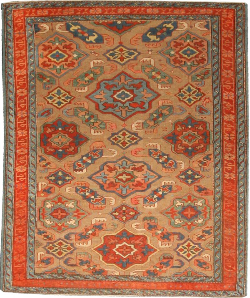 19th Century Kuba Orange and Blue Handmade Wool Rug