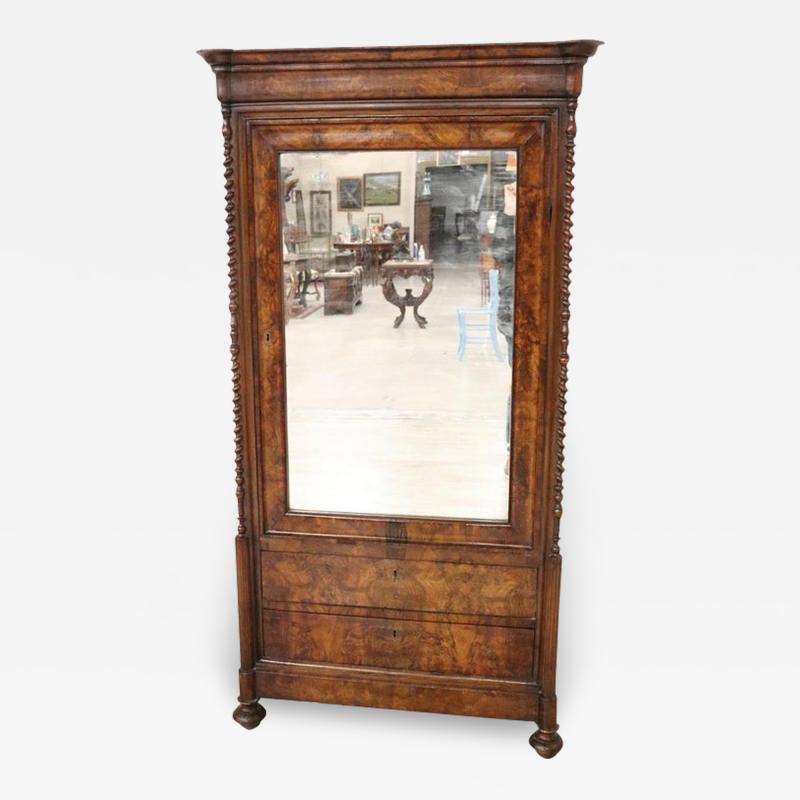 19th Century Louis Philippe Walnut Antique Wardrobe or Armoire with Mirror