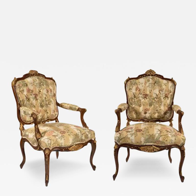 19th Century Louis XV Style Walnut Framed Pair French Berg res Armchairs