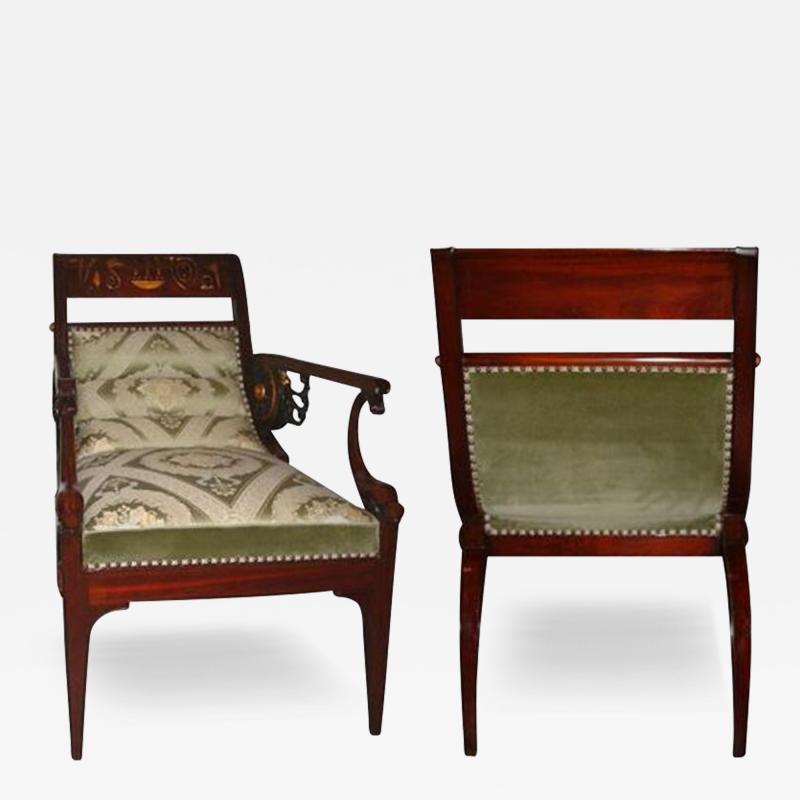 19th Century Mahogany Parcel Gilt and Polychrome Egyptian Revival Armchairs
