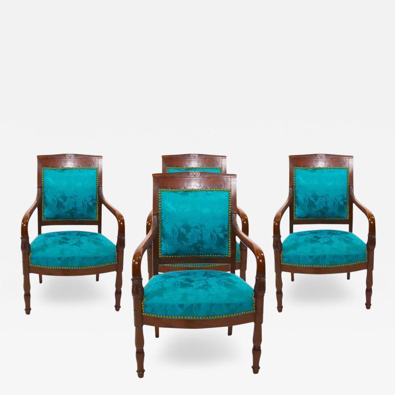 19th Century Mahogany Wood Framed Upholstered Armchair Set