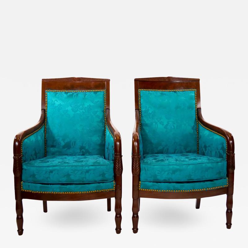 19th Century Mahogany Wood Framed Upholstered Pair Armchair