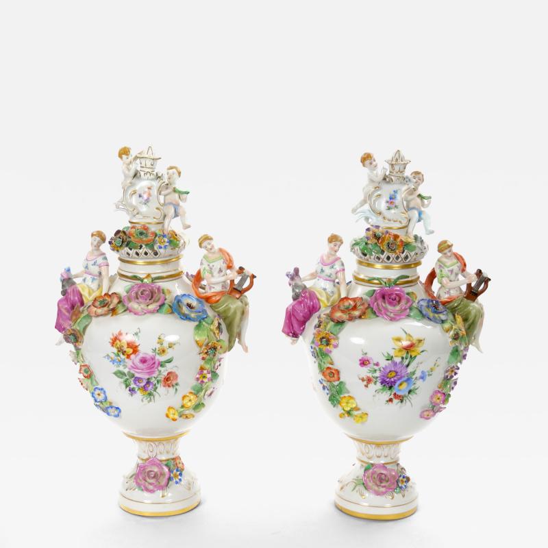 19th Century Meissen Rococo Style Flower Encrusted Covered Urns from Germany