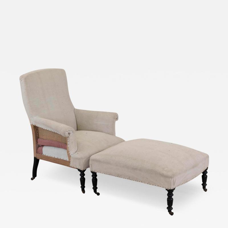 19th Century Napoleon III Square Back Armchair with Matching Footstool
