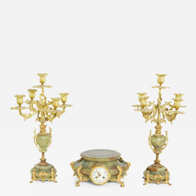 19th Century Onyx Gilt Three Piece Clock Garniture