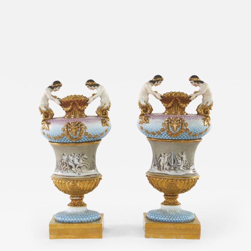 19th Century Pair Porcelain Vases Urns a Pair
