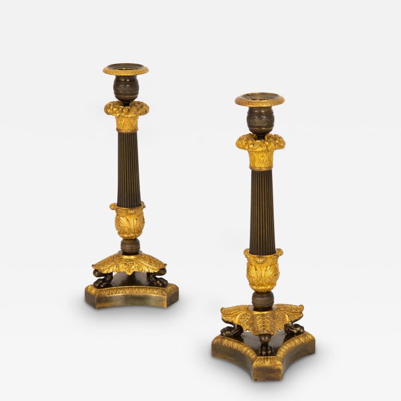 19th Century Pair of French Charles X Gilt Patinated Bronze Candlesticks