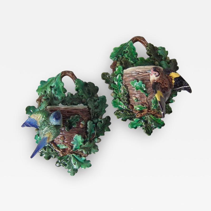 19th Century Pair of Hugo Lonitz Naturalistic Majolica Finch in Oak Wall Pockets